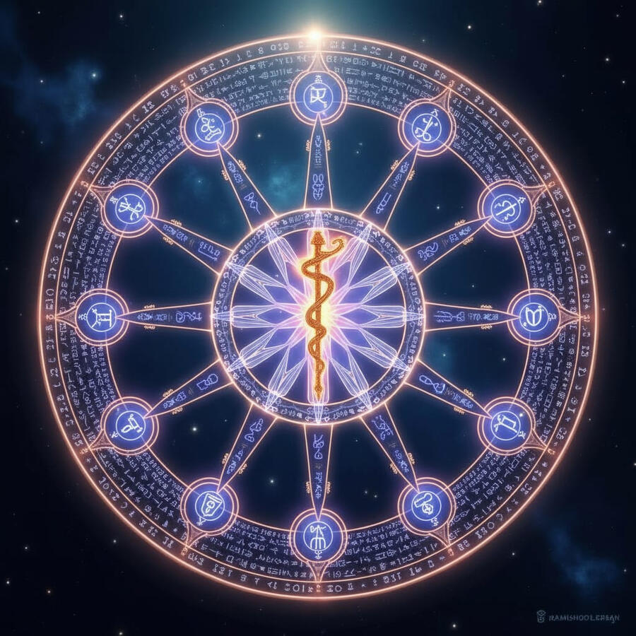 This is a **sacred geometry mandala** โ a visual representation of the **true 13-sign zodiac** with **Ophiuchus as the hidden 13